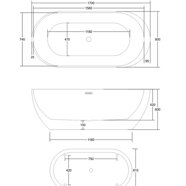 Corsan - Voľne stojaca vaňa E042 Reno - 170 cm s čiernou povrchovou úpravou