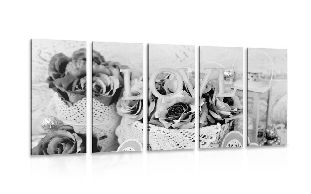 5-dielny obraz romantická dekorácia vo vintage štýle v čiernobielom prevedení