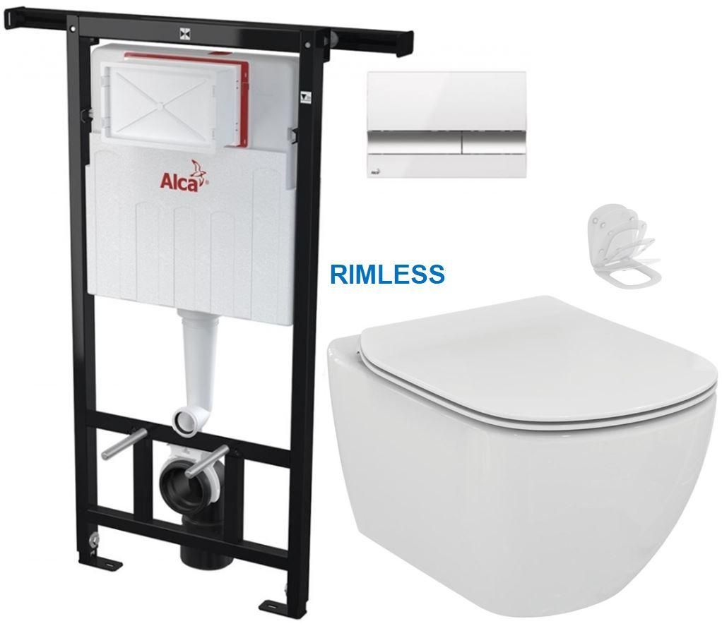 ALCADRAIN Alcadrain Jádromodul - predstenový inštalačný systém s bielym / chróm tlačidlom M1720-1 + WC Ideal Standard Tesi se sedlem RIMLESS AM102/1120 M1720-1 TE2