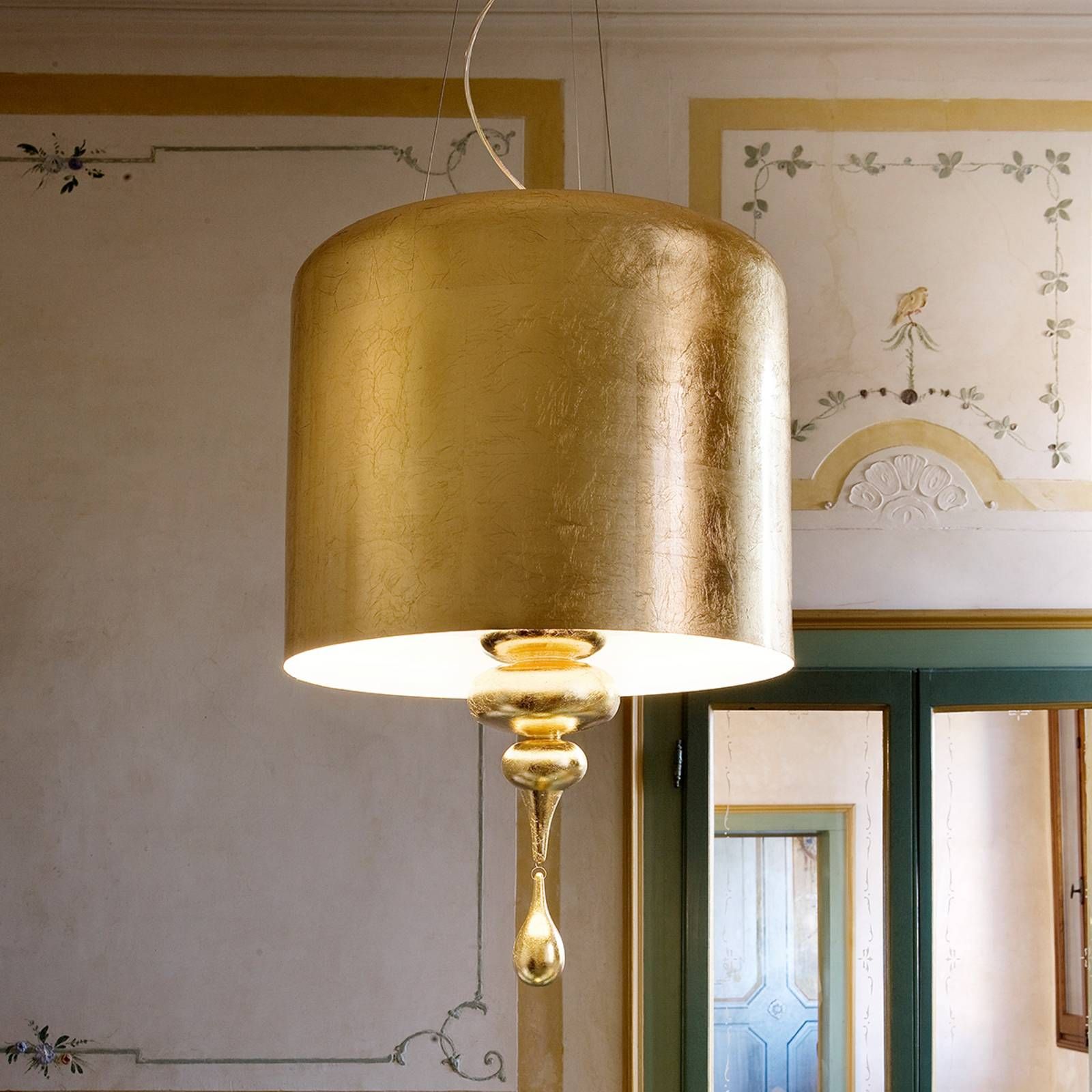 Masiero Závesná lampa Eva S3+1, zlato, Obývacia izba / jedáleň, hliník, drevo, K: 75cm