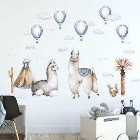 Nálepky na stenu - Alpaky s modrými balónmi