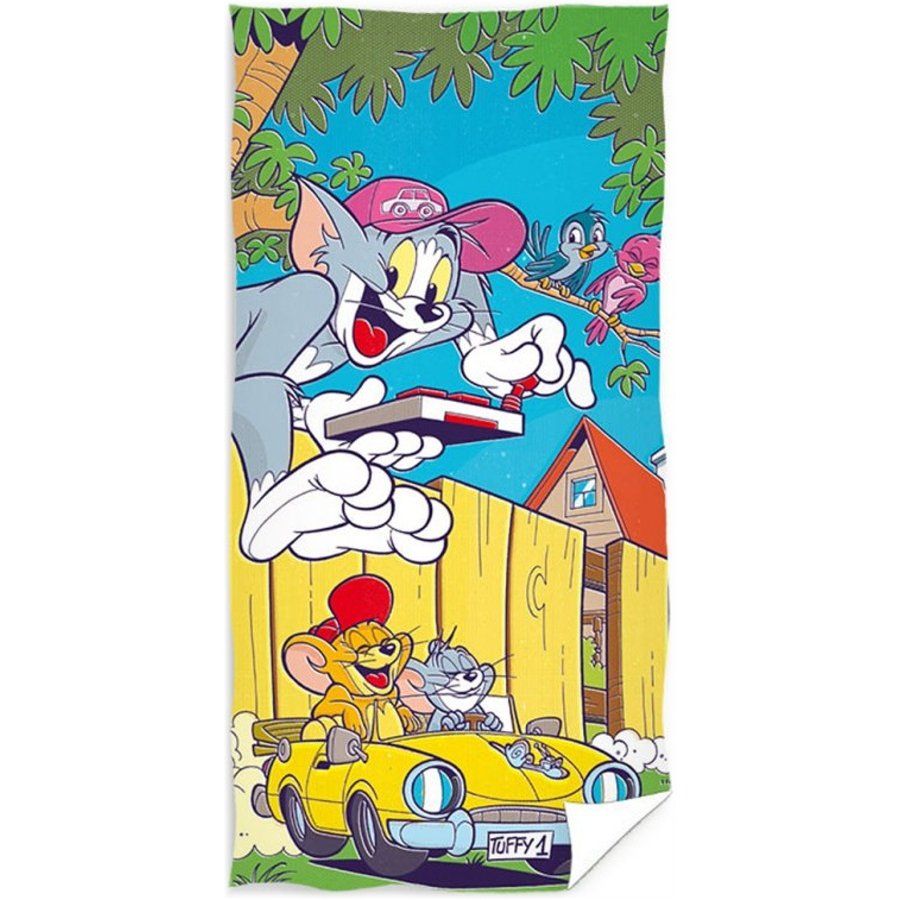 Carbotex · Plážová osuška Tom a Jerry v žltom kabriolete - 100% bavlna, froté s gramážou 300 gr./m² - 70 x 140 cm