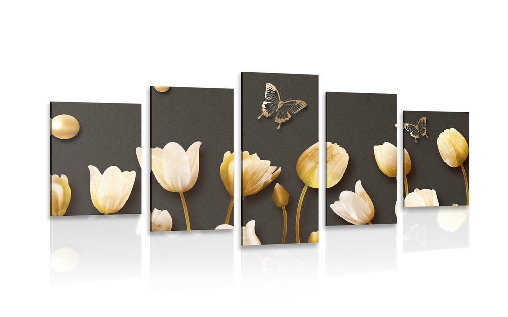 5-dielny obraz tulipány so zlatým motívom - 200x100