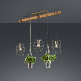 Trio Lighting Závesná lampa Plant, 3-pl. so sklami na dekoráciu, Obývacia izba / jedáleň, kov, sisal, sklo, drevo, E27, 10W, P: 115 cm, L: 22 cm
