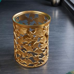 Estila Art deco glamour zlatý príručný stolík Ginko zlatej farby z kovu s okrúhlou sklenenou doskou 47cm