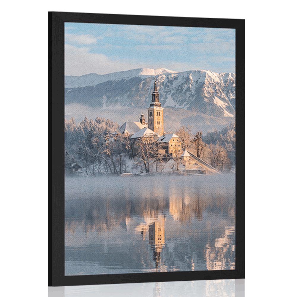 Plagát kostol pri jazere Bled v Slovinsku - 40x60 black