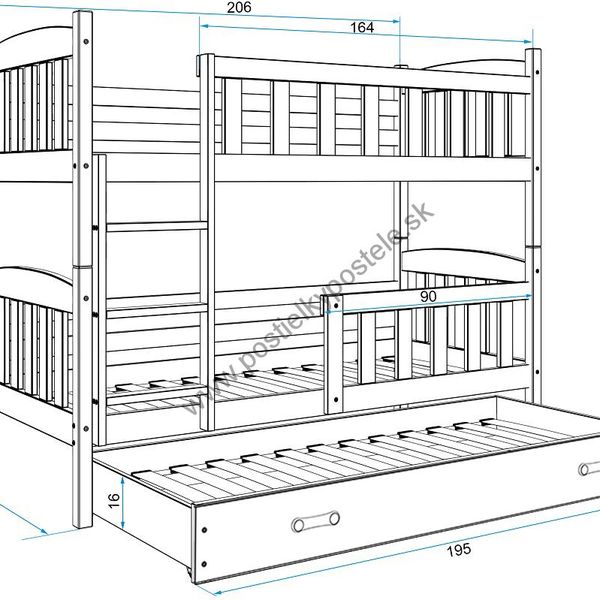 Poschodová posteľ s prístelkou KUBO 3 - 200x90cm Borovica - Modrá