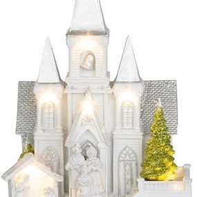 Dekorácia MagicHome Vianoce, Kostol s betlehemom, 6 LED biela, 3xAA, interiér, 17x13x25 cm