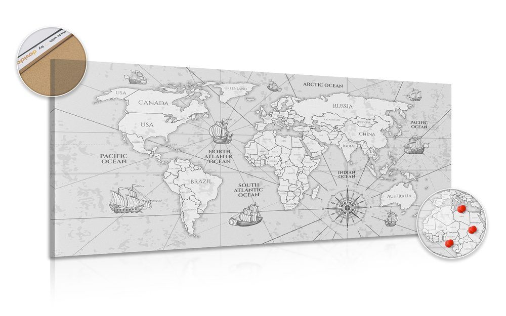 Obraz na korku mapa sveta s loďkami v čiernobielom prevedení - 120x60