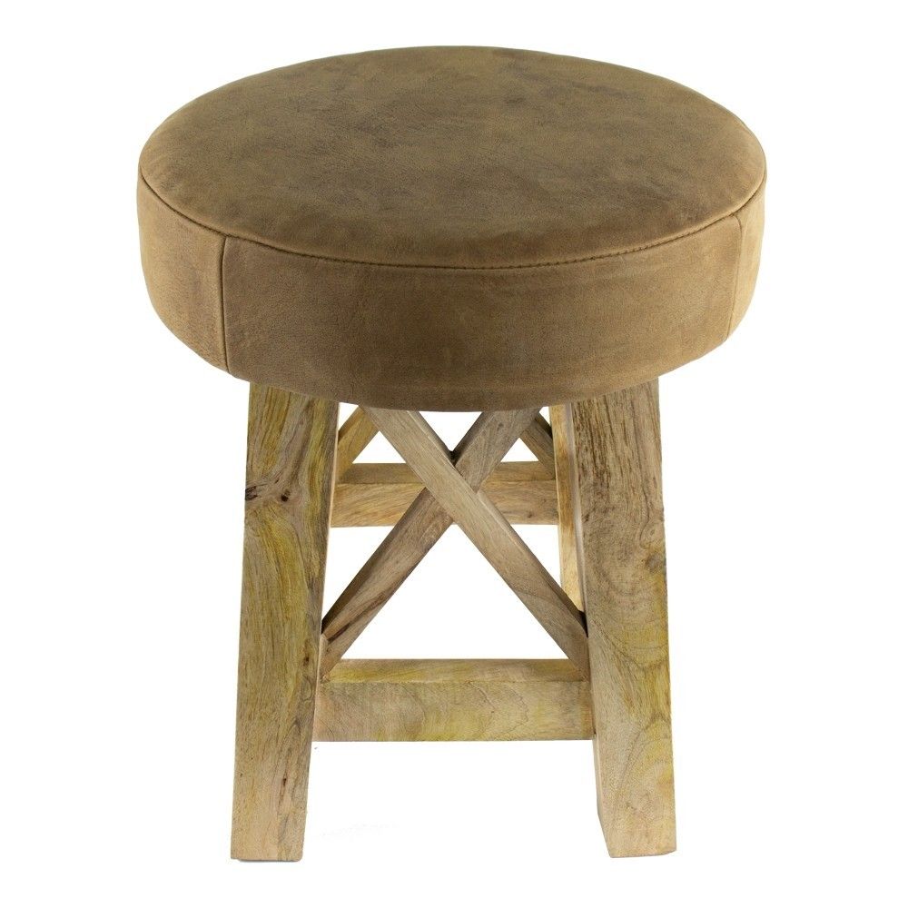 Drevená okrúhla stolička s koženým sedadlom - Ø 35 * 35cm