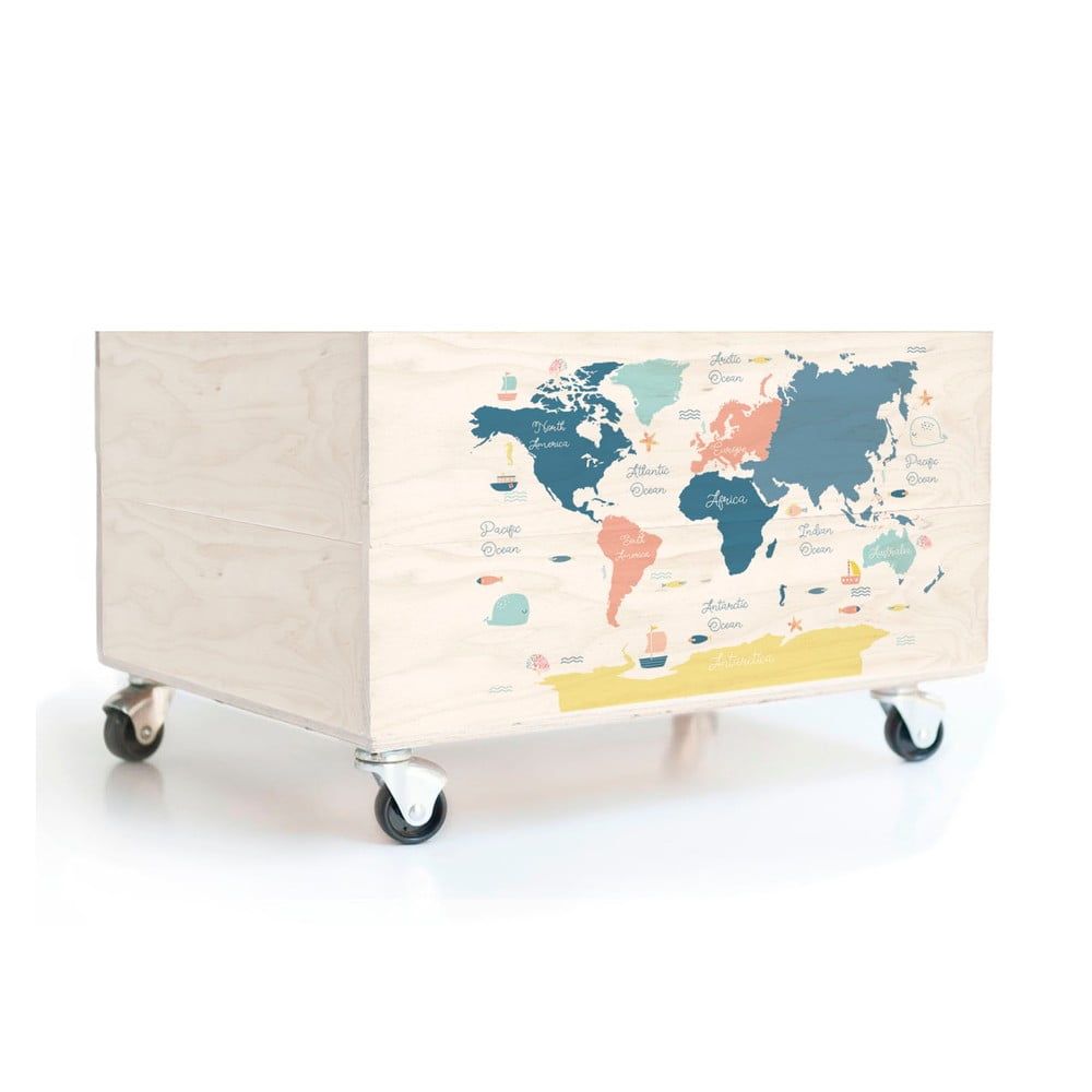 Detský borovicový úložný box na kolieskach Folkifreckles Worldmap