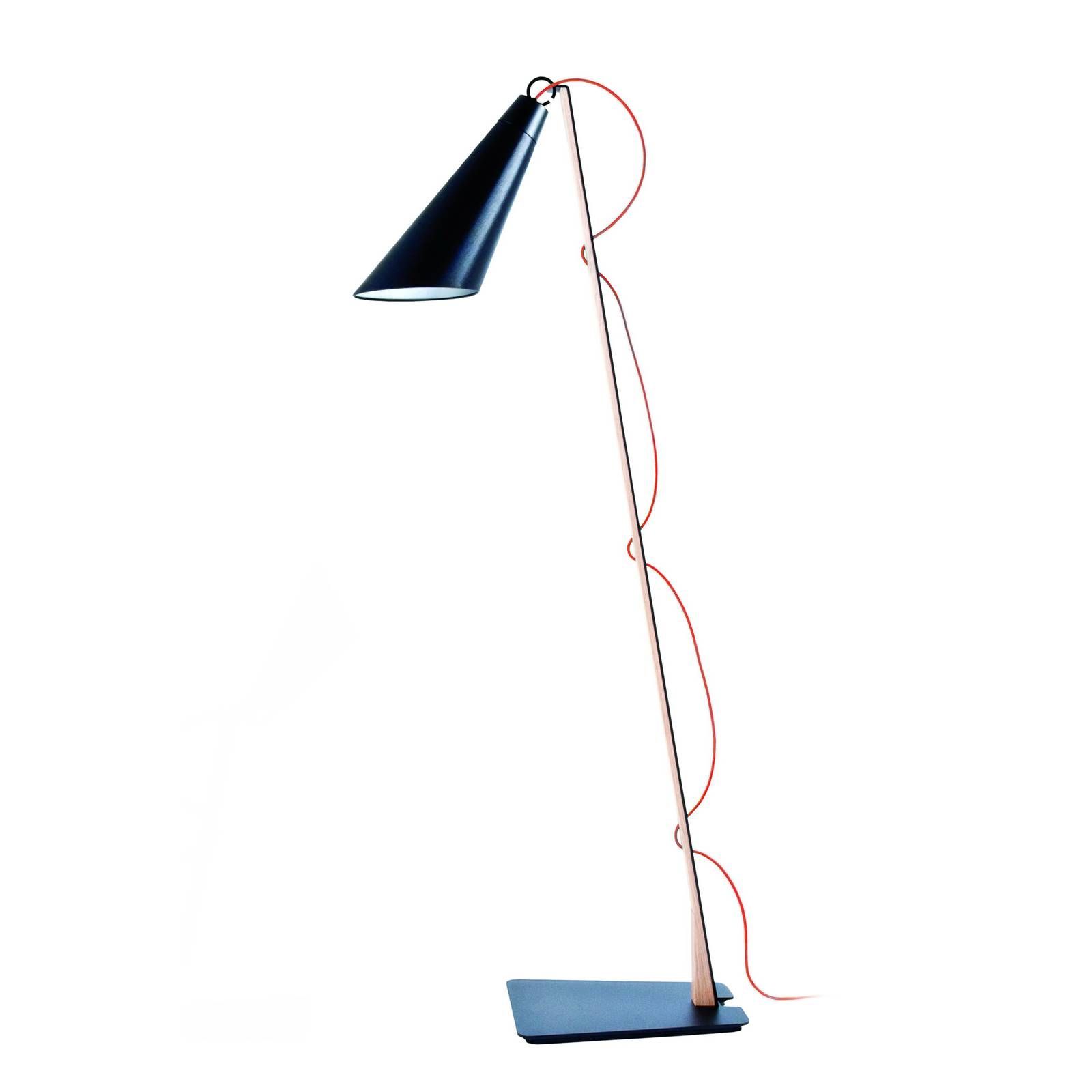 Domus Stojacia lampa Pit, dub, čierna, kábel červená, Obývacia izba / jedáleň, olejovaný dub, práškom potiahnutý kov, textil, E27, 50W, K: 152cm