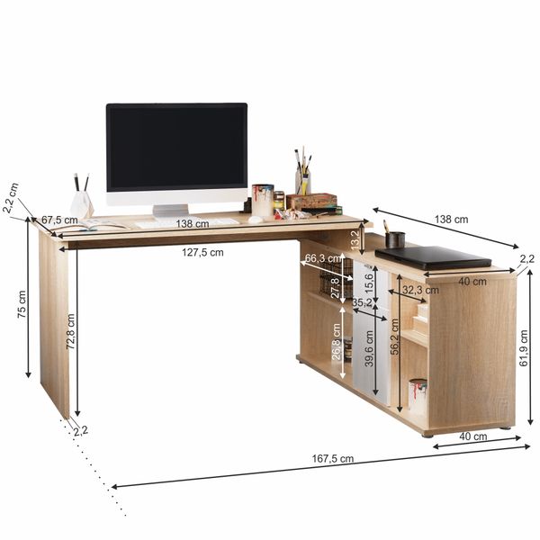 Rohový PC stolík Dalton 2 New L/P - dub sonoma / biela