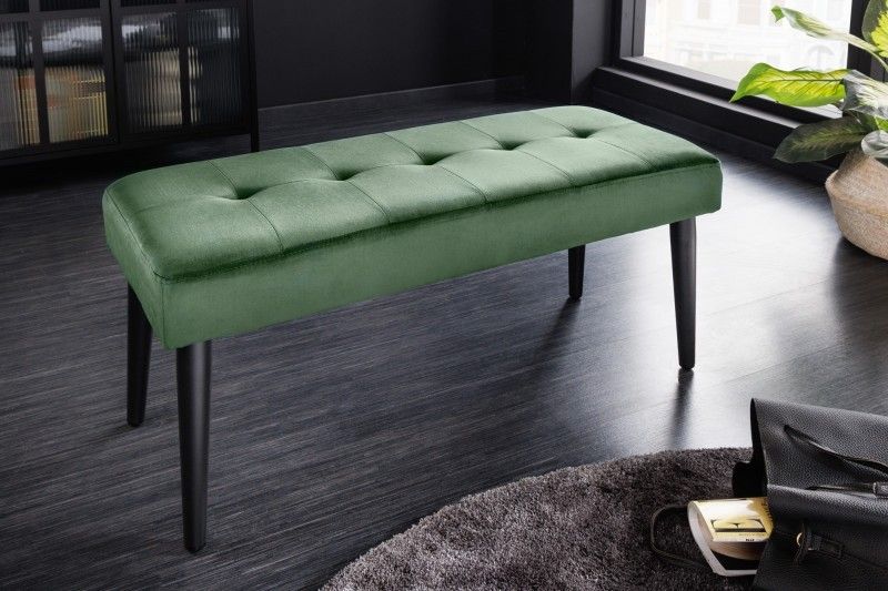 Estila Dizajnová moderná lavica Soreli so zeleným čalúnením a čiernou kovovou podstavou 95cm