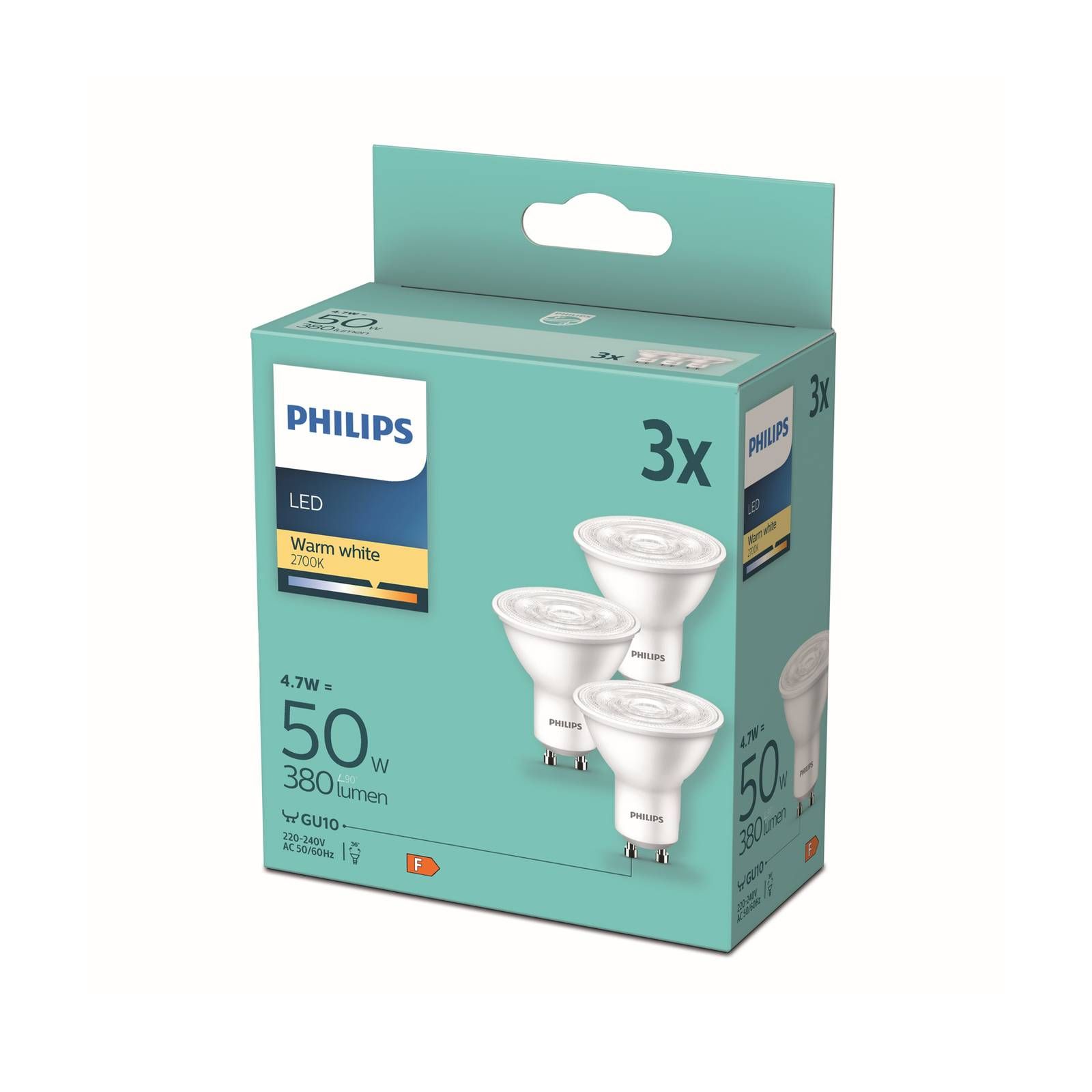 Philips LED reflektor GU10 4, 7W biela 2700K 36° 3x, plast, GU10, 4.7W, Energialuokka: F, P: 5.4 cm
