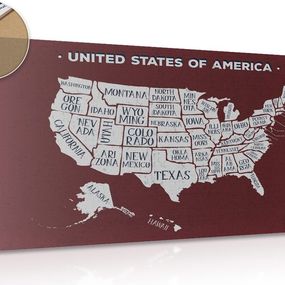 Obraz na korku náučná mapa USA s bordovým pozadím - 120x80  transparent