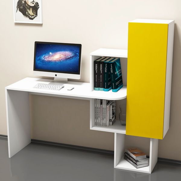Sconto Písací stôl s regálom ACELYA biela/žltá