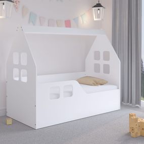 Detská domčeková posteľ KIDHOUSE - biela - ľavá - 140x70 cm + matrac