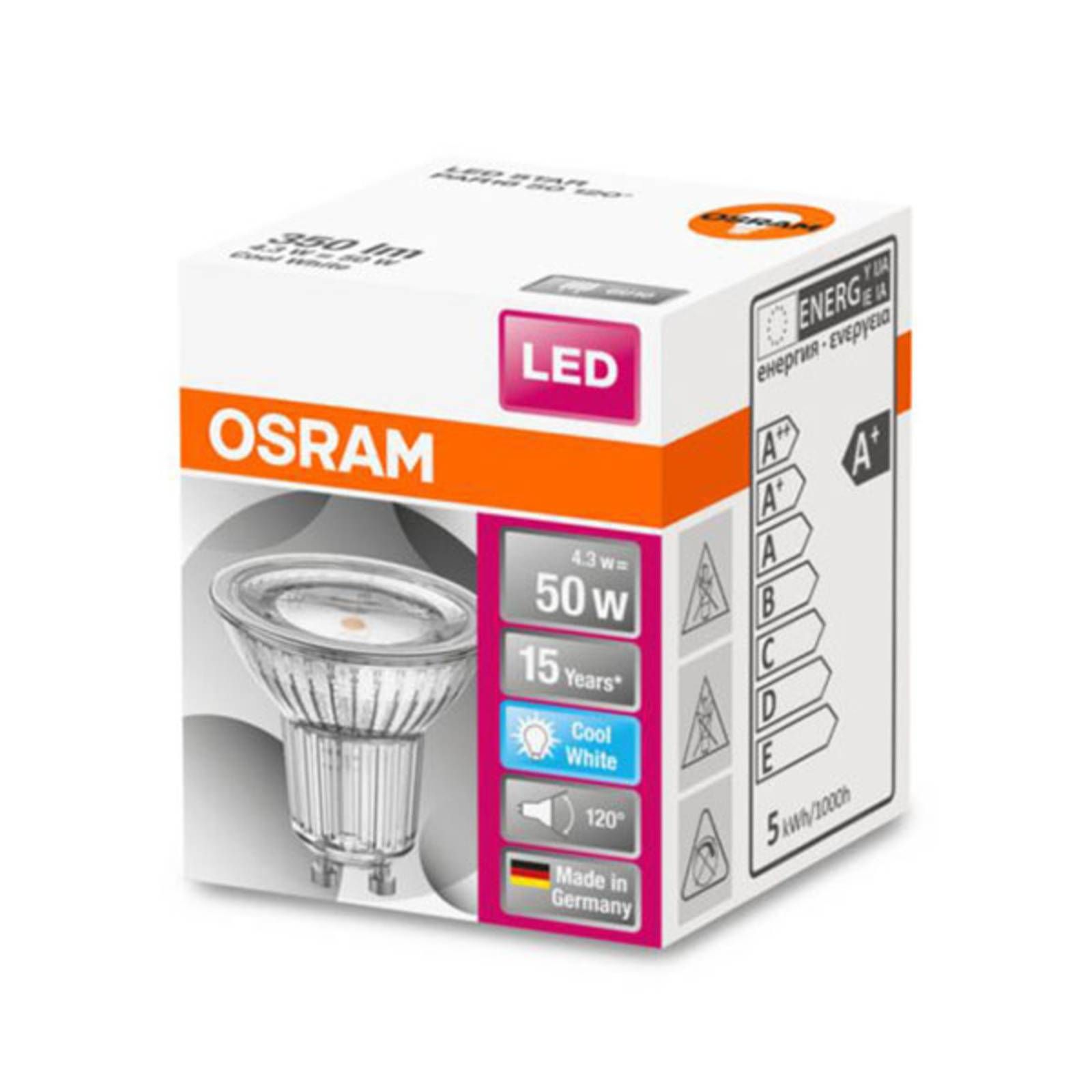 OSRAM LED reflektor GU10 4, 3W univerzálna 120°, GU10, 4.3W, Energialuokka: G, P: 5.5 cm