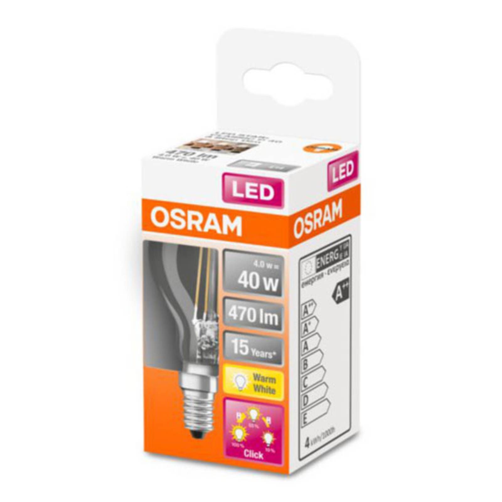 OSRAM Classic P LED žiarovka E14 4W 827 stmievač, E14, 4W, Energialuokka: E, P: 7.8 cm