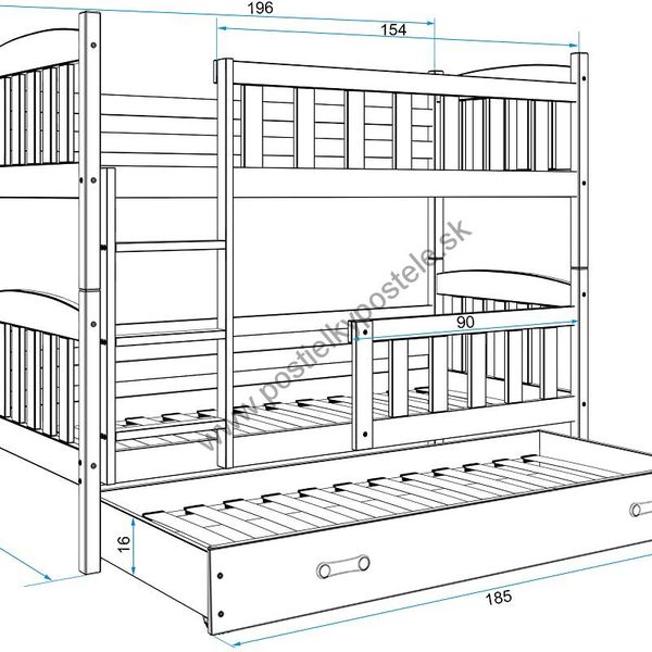 Poschodová posteľ s prístelkou - KUBO 3 - 190x80cm Borovica - Zelená