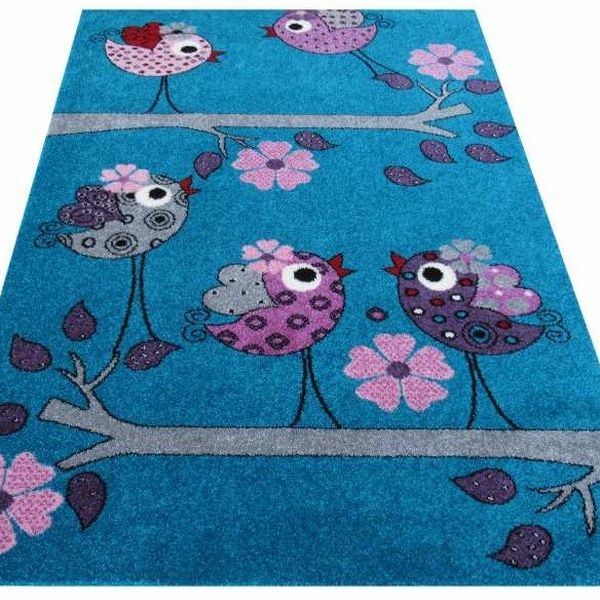 DomTextilu Modrý detský koberec s fialovými vtáčikmi 13069-157280