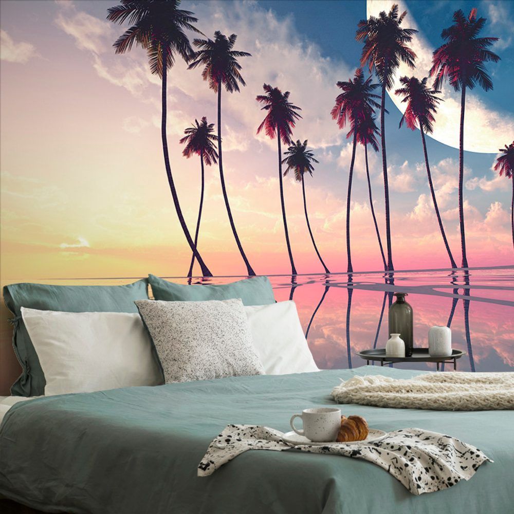 Samolepiaca tapeta západ slnka nad tropickými palmami - 450x300