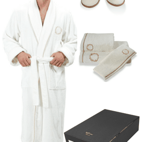 Soft Cotton Luxusný pánsky župan SEHZADE s uterákom a s papučky v darčekovom balení Smotanová / zlatá výšivka M + papučky (40/42) + uterák + box