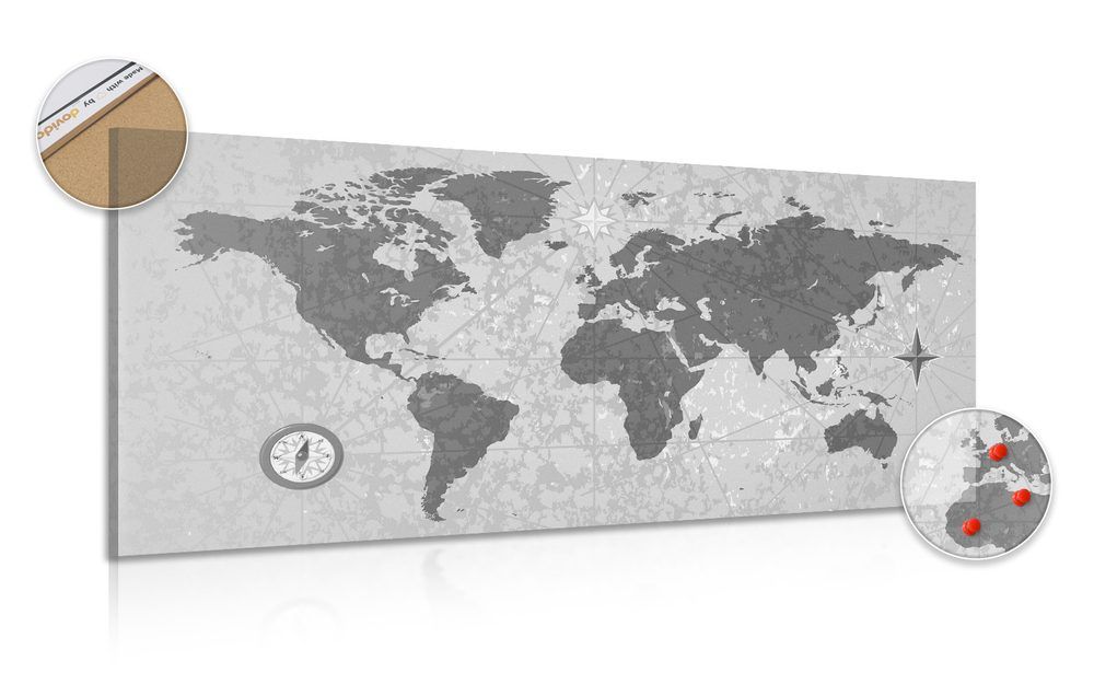 Obraz na korku mapa sveta s kompasom v retro štýle v čiernobielom prevedení - 120x60  smiley
