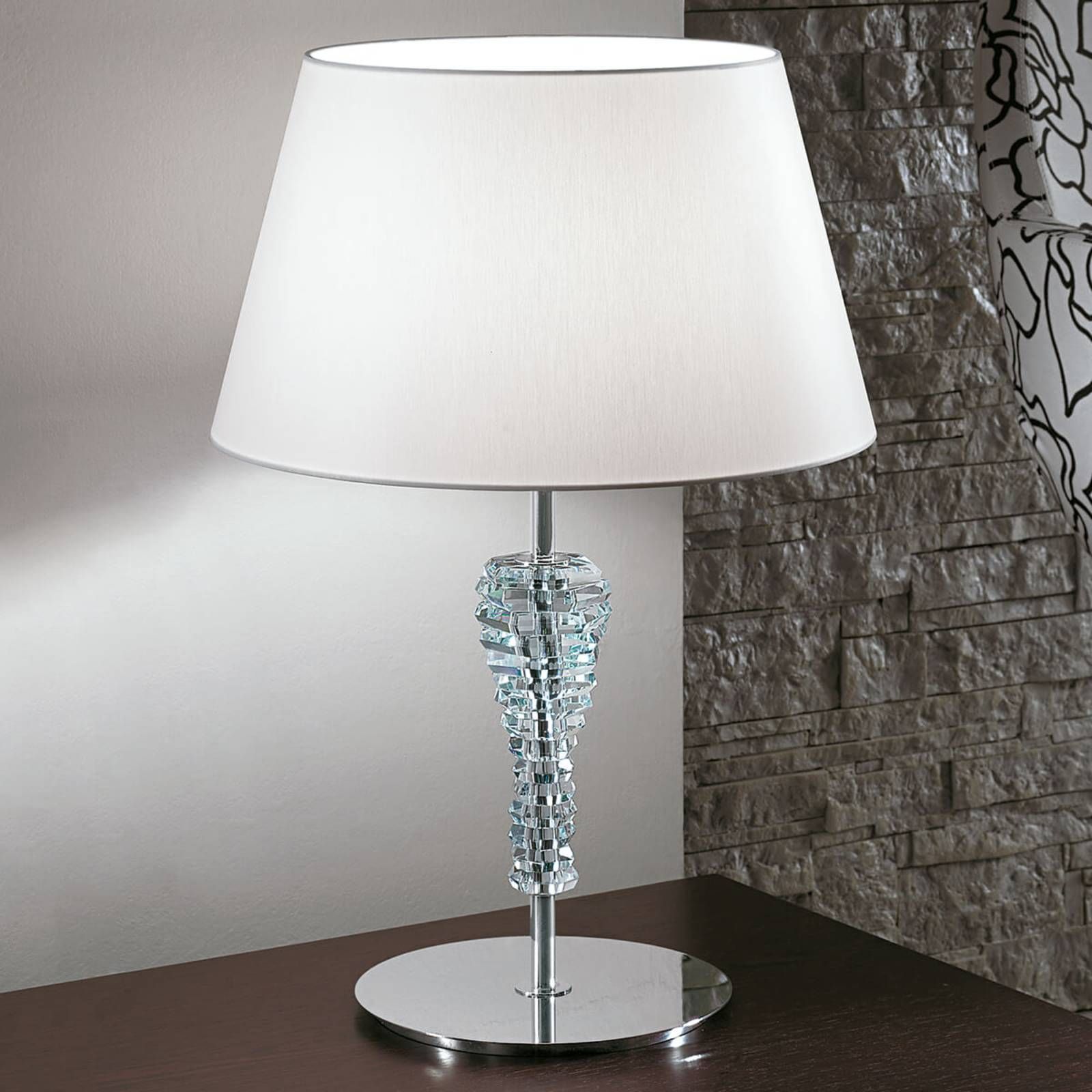 Lam Veľká textilná stolná lampa Crystal biela, Obývacia izba / jedáleň, kov, textil, K9 krištále, E27, 100W, K: 51cm