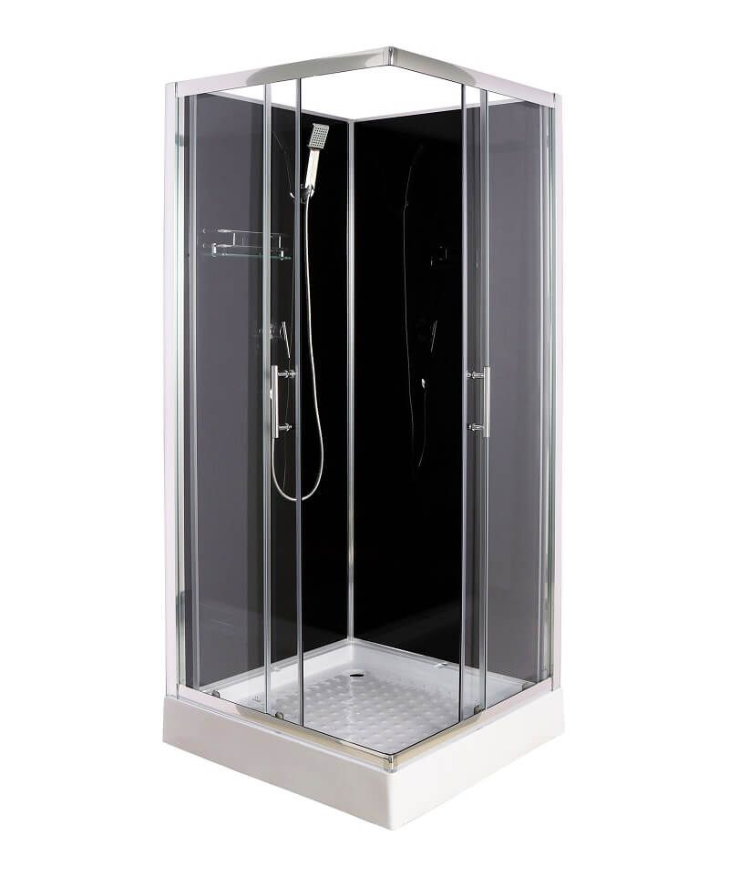 Sprchový box LIZA BLACK, štvorcový, 90 x 90, profil chróm, sklo transparent, zadné čierne, vanička, bez striešky