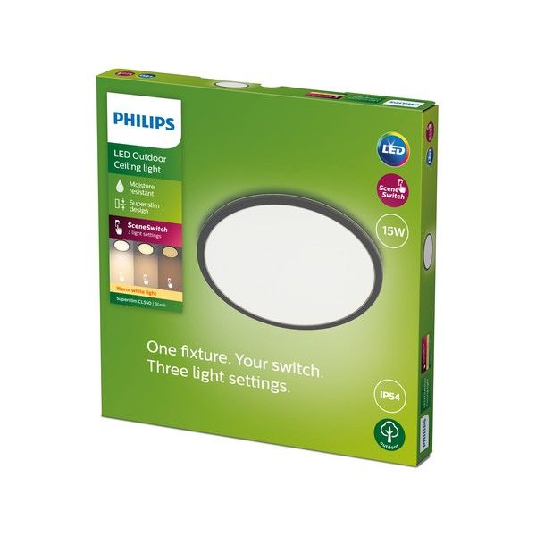 Philips 8719514417977 SuperSlim vonkajšie stropné svietidlo LED 15W/1300lm 2700K IP54 čierna SceneSwitch