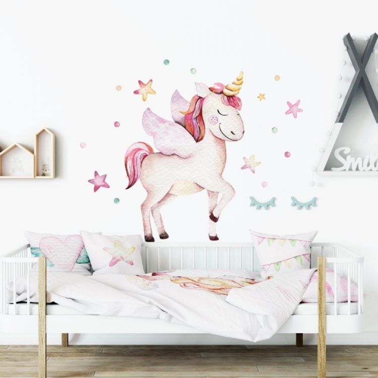 Nálepka na stenu Unicorn - jednorožec, hviezdičky a guličky DK268