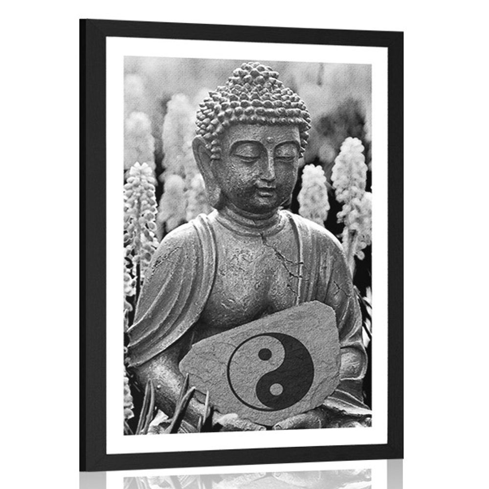Plagát s papsartou jin a jang Budha v čiernobielom prevedení - 60x90 silver
