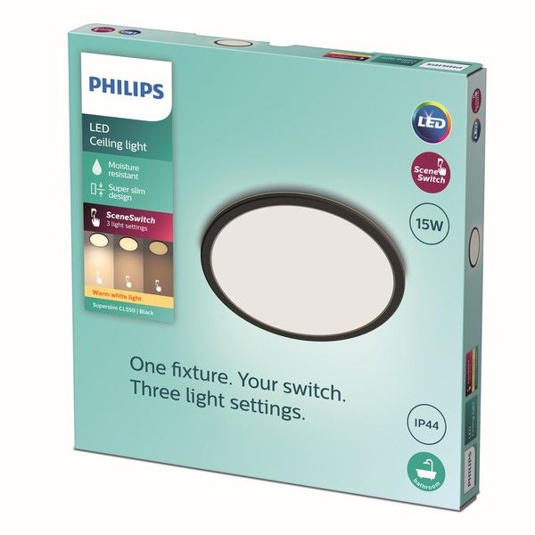 Philips 8719514327207 Super Slim CL550 stropné svietidlo LED D250mm 15W/1300lm 2700K IP44 čierna SceneSwitch