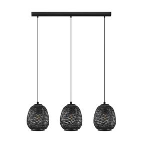 EGLO Závesná lampa Dembleby, 3-plameňová, čierna, Obývacia izba / jedáleň, drevo, oceľ, E27, 40W, P: 90 cm, L: 20 cm