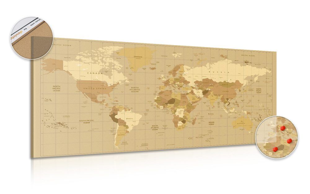 Obraz na korku mapa sveta v béžovom odtieni - 120x60