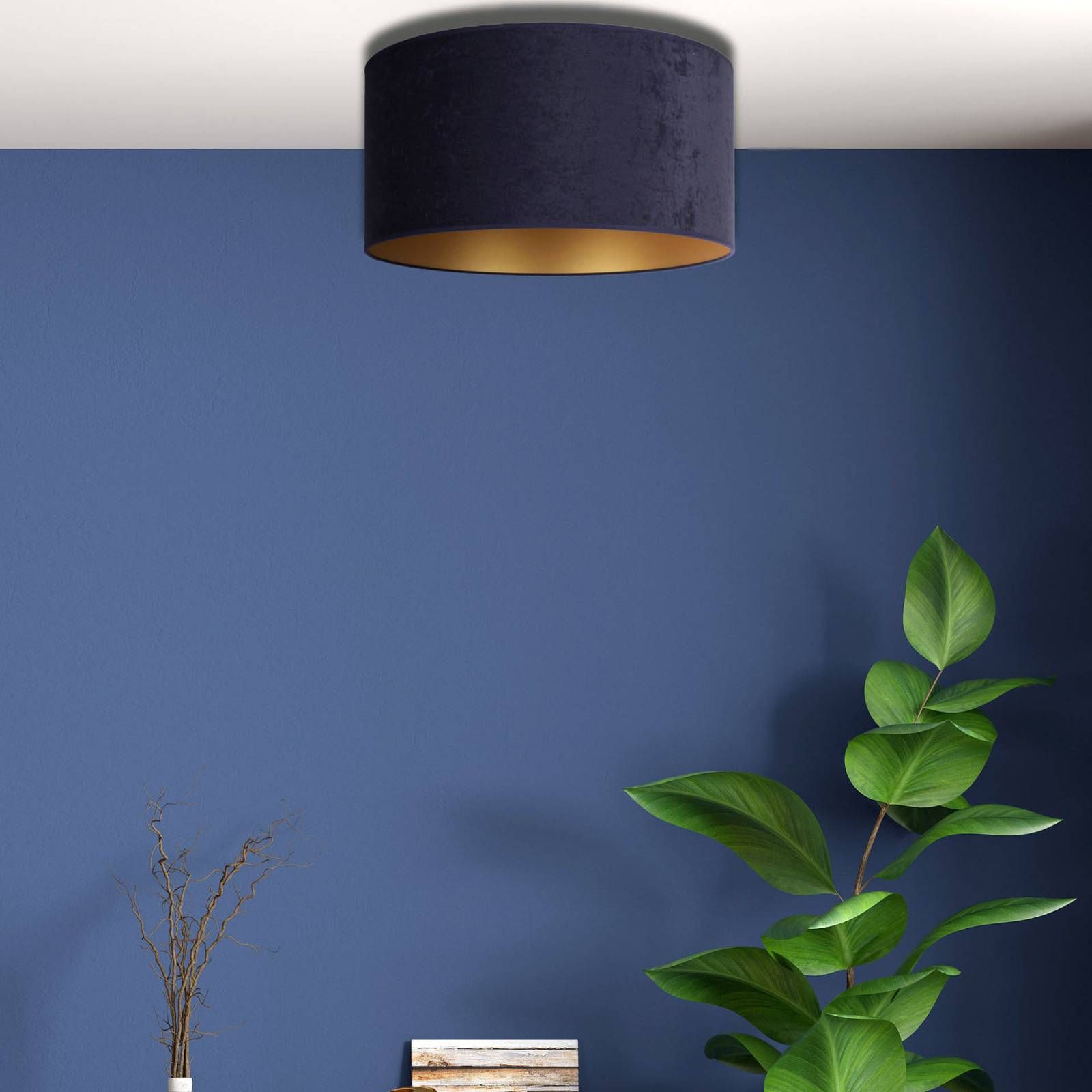 Duolla Stropné svietidlo Golden Roller Ø40 cm modrá/zlatá, Obývacia izba / jedáleň, zamatová látka, E27, 40W, K: 22cm