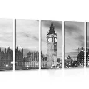 5-dielny obraz Big Ben v Londýne v čiernobielom prevedení