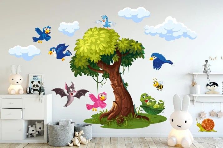 DomTextilu Nálepka na stenu pre deti strom a veselé vtáčiky 150 x 300 cm