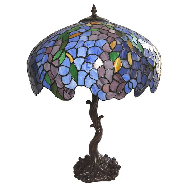 Clayre&Eef Stolová lampa 5LL-6070 modrá/zelená, štýl Tiffany, Obývacia izba / jedáleň, polyrezín, sklo, E27, 60W, K: 61cm