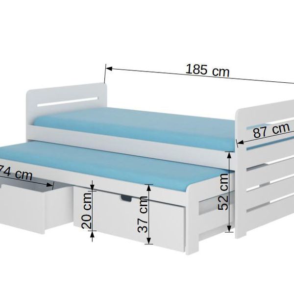 Drevená detská posteľ s prístelkou Tigris 80x180 cm - biela