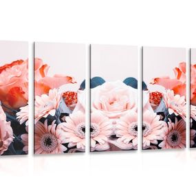 5-dielny obraz kvetinová kompozícia s romantickým nádychom