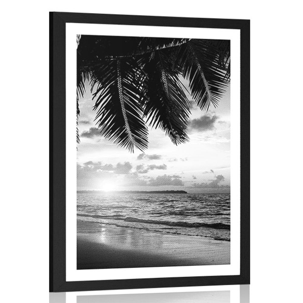 Plagát s paspartou východ slnka na karibskej pláži v čiernobielom prevedení - 60x90 black