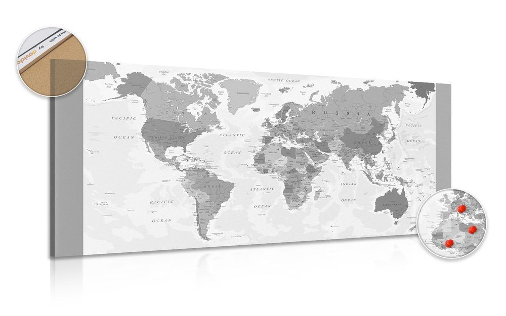 Obraz na korku podrobná mapa sveta v čiernobielom prevedení - 120x60  place