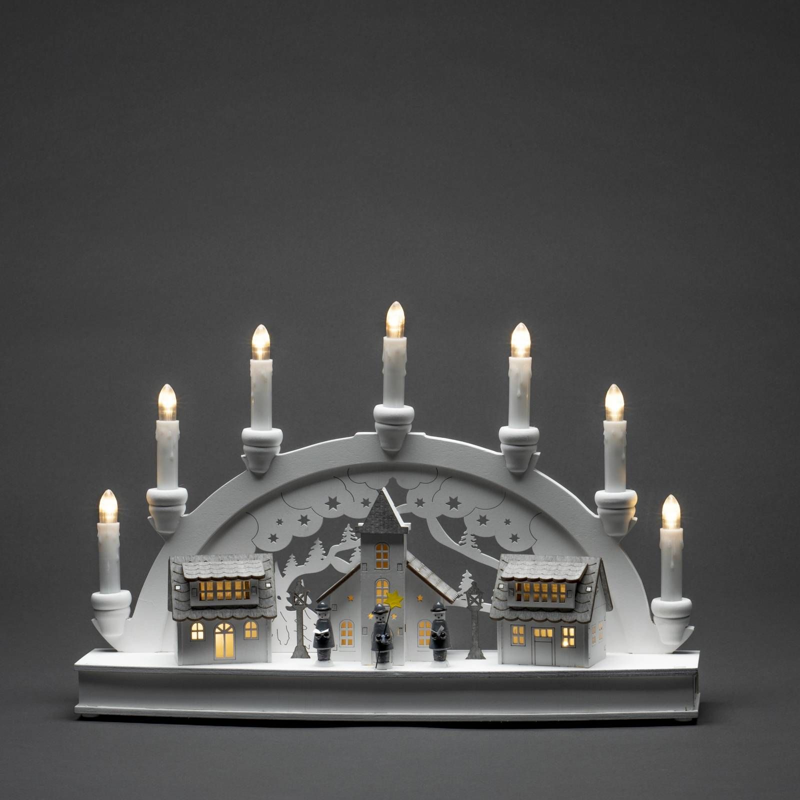 Konstsmide Christmas Svetelný LED oblúk Domy, 7-plameňový, biela, Obývacia izba / jedáleň, drevo, 0.06W, L: 43 cm, K: 28cm