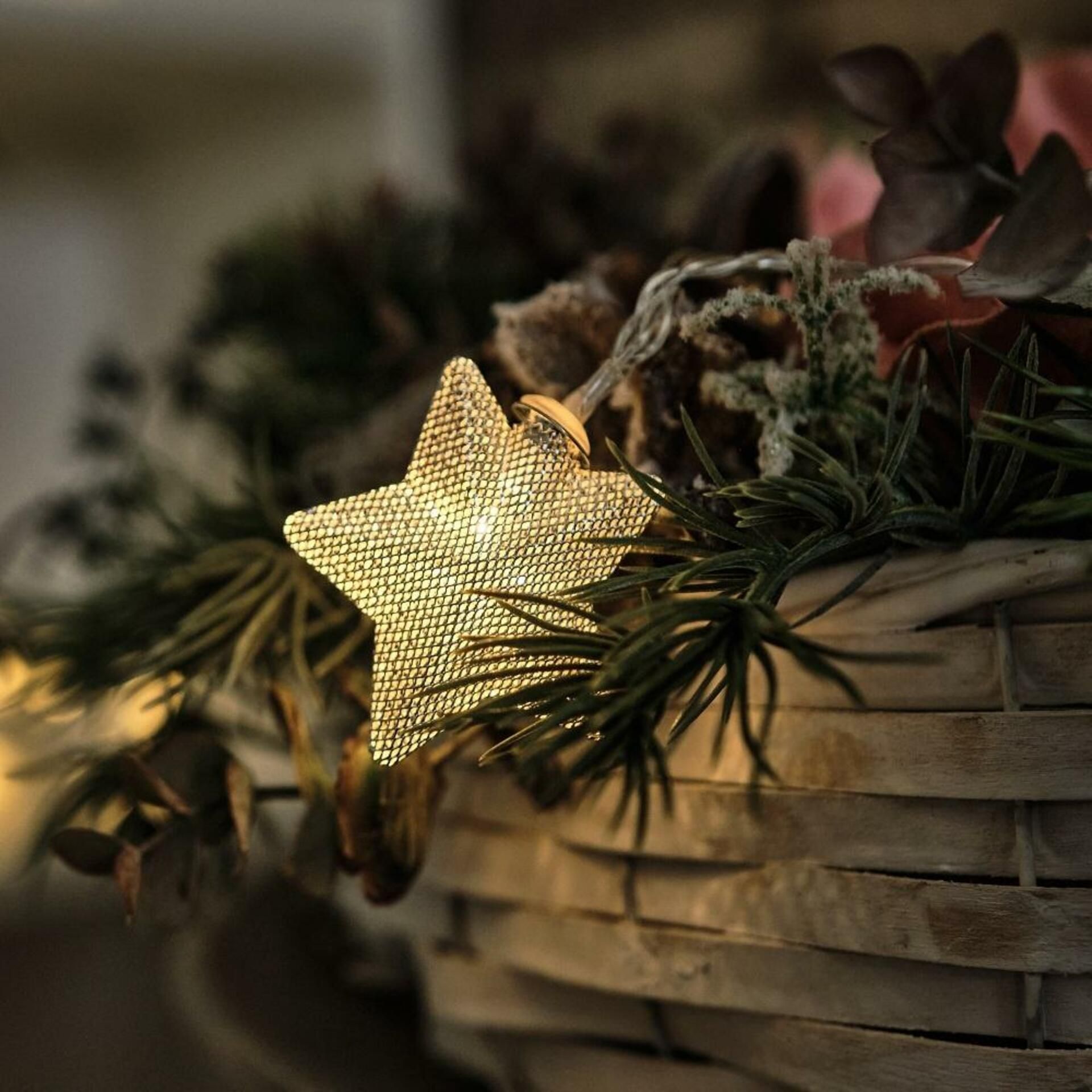 DecoLED LED světelný řetěz na baterie, 10 teple bílých diod, 1,8 m, kovové hvězdičky