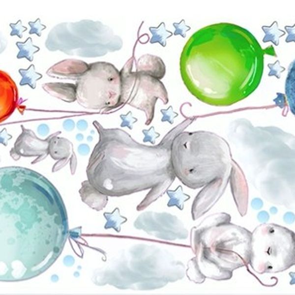 DomTextilu Nálepky do detskej izby zajačiky s farebnými balónmi 60 x 120 cm 55720-234729  