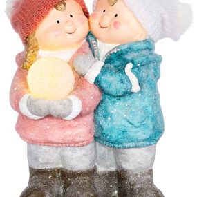 Postavička MagicHome Vianoce, Chlapček a dievčatko so snehovou guľou, 1 LED, keramika, 27,5x23x40 cm