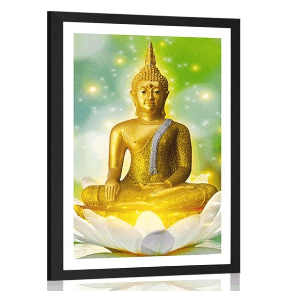 Plagát s paspartou zlatý Budha na lotosovom kvete - 30x45 white